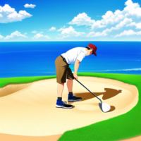 caricature of a male golfer in a sandtrap and digging holes trying to get the ball out