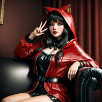 little red riding hood sitting on a black leather couch. she looks surprised. behind her is the big bad wolf throwing up the peace sign, ultrarealistic, 8k