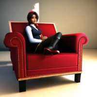 An intriguing 3D-rendered scene, of a Haitian folklore character named “Ti Malice”seated comfortably in an armchair