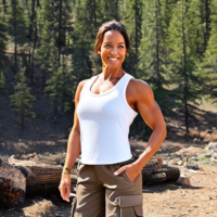 45 year old woman light brown hair REI cargo pants tank top camping muscles skinny fit