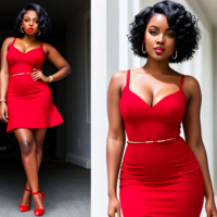 beautiful black woman in red dress with short black hair, full body view, head to toe