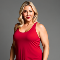 45 year old Blonde chubby fat red lipstick big arms tank top