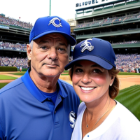 bill murray a blue white sox baseball hat and blue shirt at wrigley field