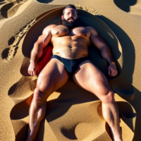 a bearded man with a mankini in the sand, somewhat muscular body