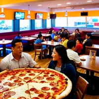 picture of a large group eating at a pizza restaurant