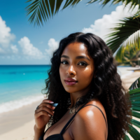 black woman, long curly hair, wearing black blue, taking photo of herself, phone selfie angle, tropical paradise background 😍🌴(utilized a program with PhotoRealism built in)