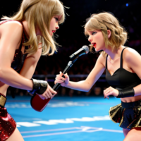 Taylor Swift fighting tiny Taylor Swift