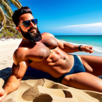 a bearded man with a mankini in the sand, Somewhat muscular body