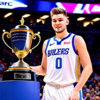 Luka Doncic with Larry o’brian trophy