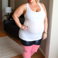 Blonde white tank top leggings45 year old fat chubby red lipstick fat arms