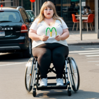 Taylor Swift obese in a wheelchair eating MacDonalds