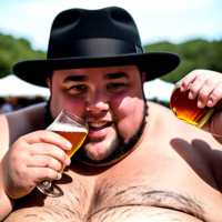 A fat guy with a hat that says “ 815 media “ while drinking beer and jumping in a girly way