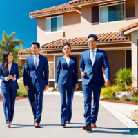 Create solar sales people that are in shark costumes. Show them walking down a residential street with homes with solar panels. Make it hyper realistic. At the top add the name of our company, Sunstorm Energy”