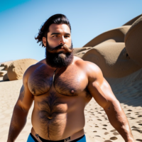 a bearded man with a mankini in the sand, Somewhat muscular body