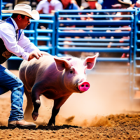 A pig bucking a cowboy off of him at a rodeo