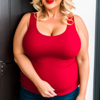 45 year old Blonde chubby fat red lipstick big arms tank top