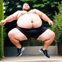 A fat guy jumping in a feminine way