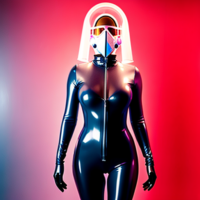 A woman wearing a translucent latex bodysuit, unzipped down the front, wearing a gas mask, background some strange medical laboratory