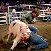 A pig bucking a cowboy off of him at a rodeo