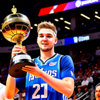 Luka Doncic with Larry o’brian trophy