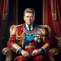 Ronald w. Reagan, Age 29, masterpiece, 8k, hyperrealistic portrait, detailed face, detailed skin, photography, hq, photorealistic, King, emperor, 2300’s, 24th century, red, throne room, Royal black, Armor, medals, United States Navy,