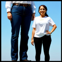 A midget standing next to a tall women. Realistic. Height comparison.