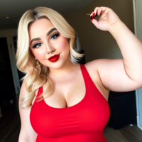 Blonde chubby fat red lipstick big arms tank top