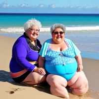 Fat chubby Granny and grandson beach