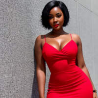 beautiful black woman in red dress with short black hair, full body view, head to toe