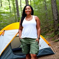 Dat woman chubby cargo shorts white tank camping