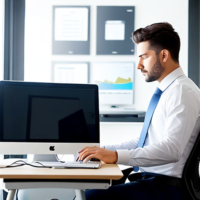 Create an image of a guy working on his computer at his desk, in a zoom meeting with important people. His pants are down and other is a girl under his desk with her mouth on his penius.