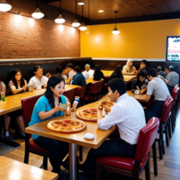 picture of a large group eating at a pizza restaurant