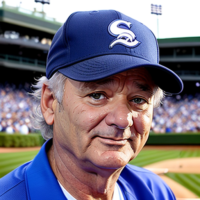 bill murray a blue white sox baseball hat and blue shirt at wrigley field