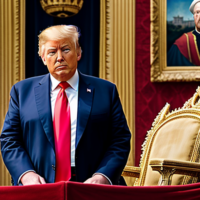 Donald J. Trump, masterpiece, 8k, hyperrealistic portrait, detailed face, detailed skin, photography, hq, photorealistic, King, emperor, 1200’s, 13th century, red, throne room, Royal Blue