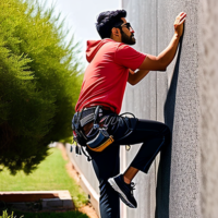 a man climbing a fence, on the other side of the wall is untold riches and wealth