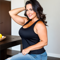 Dark hair dark features 45 year old woman mom jeans tank top thick