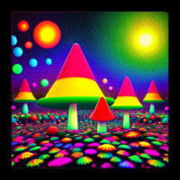 gnomes and mushrooms in a hallucinatory landscape hallucinating neon colorful millions of dots. trippy and psychedelic