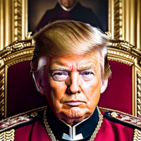 Donald J. Trump, masterpiece, 8k, hyperrealistic portrait, detailed face, detailed skin, photography, hq, photorealistic, King, emperor, 2100’s, 22th century, red, throne room, Royal black, Armor, medals