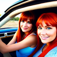 Two girls with straight hair and bangs one is a redhead and one is a blonde. They are driving rig in a thelma and Louise convertible. Close up shot of faces. One girl has blonde hair