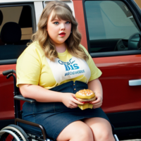 Taylor Swift obese in a wheelchair eating MacDonalds cheeseburger