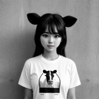 Black and white picture of a cow with a t-shirt that says cow tee.