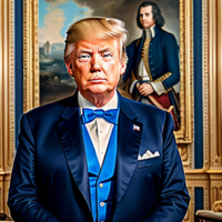 Donald J. Trump, masterpiece, 8k, hyperrealistic portrait, detailed face, detailed skin, photography, hq, photorealistic, King, emperor, 1700’s, 18th century, blue, throne room, Royal Blue