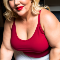 45 year old Blonde chubby fat red lipstick big arms tank top