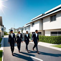 Show human shark hybrids walking down a residential street lined with homes with solar panels. Make it hyper realistic.