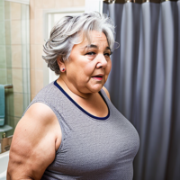 Granny woman fat elderly gray hair tank top fat overweight bathroom surprised