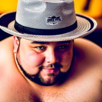 A fat guy with a hat that says “ 815 media “ while drinking beer and jumping in a girly way