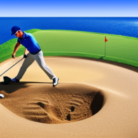 caricature of a male golfer in a sandtrap and digging holes trying to get the ball out