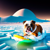 Bulldog surfing a wave of ice cream on Mars