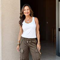 White 45 year old woman long strait brown hair cargo pants tank top hippy