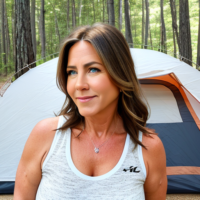 White 45 year old woman long strait light brown hair cargo pants tank top REI big nose double chin arm freckles jenifer Aniston hair camping